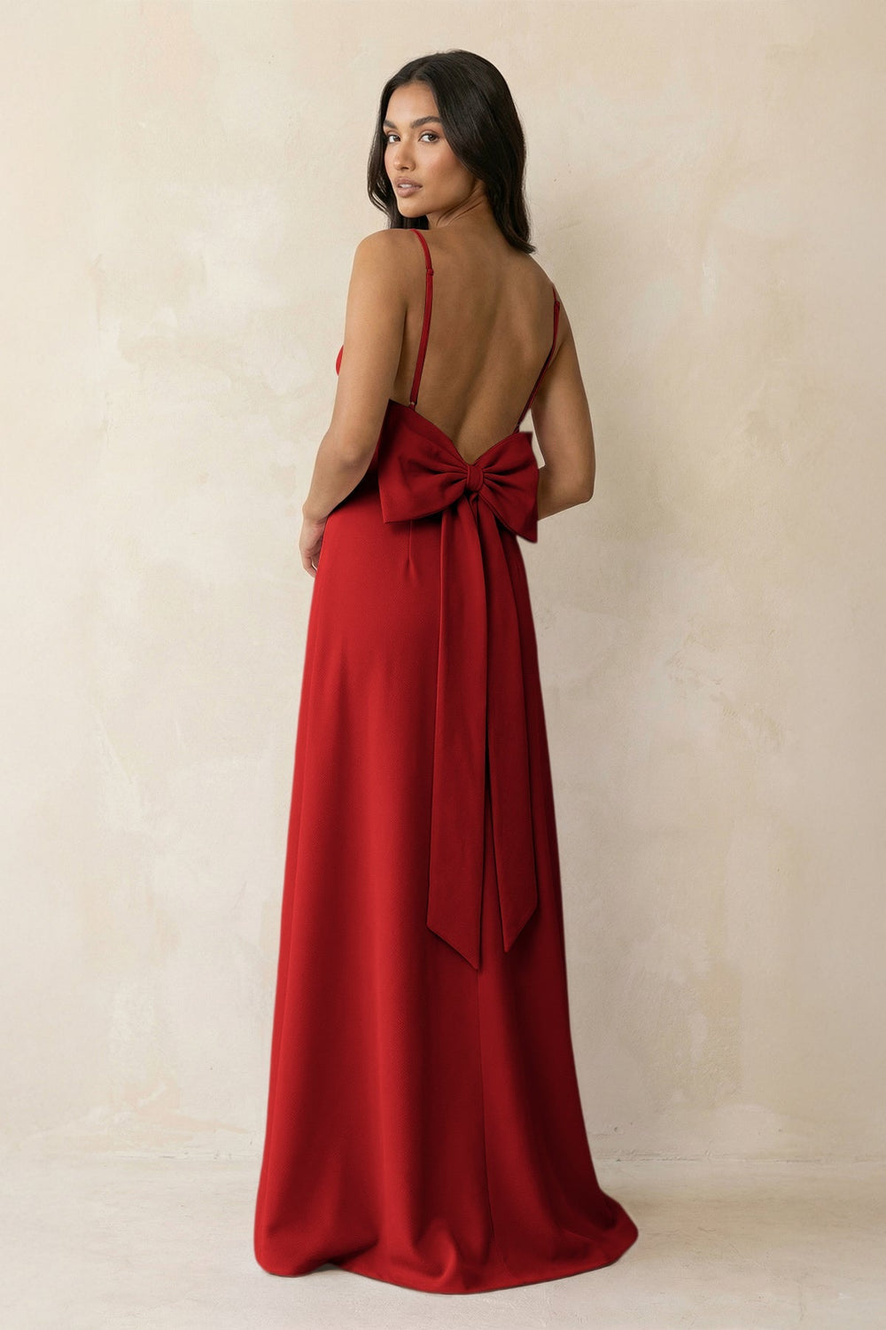 Spaghetti Strap Sheath Satin Bridesmaid Dress with Bow in Spice - KISS BRIDAL Bridesmaid Dresses