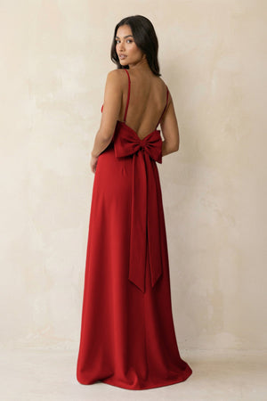 Spaghetti Strap Sheath Satin Bridesmaid Dress with Bow in Spice - KISS BRIDAL Bridesmaid Dresses