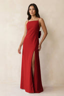 Spaghetti Strap Sheath Satin Bridesmaid Dress with Bow in Spice - KISS BRIDAL Bridesmaid Dresses