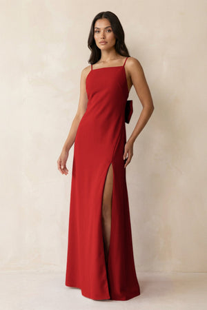 Spaghetti Strap Sheath Satin Bridesmaid Dress with Bow in Spice - KISS BRIDAL Bridesmaid Dresses