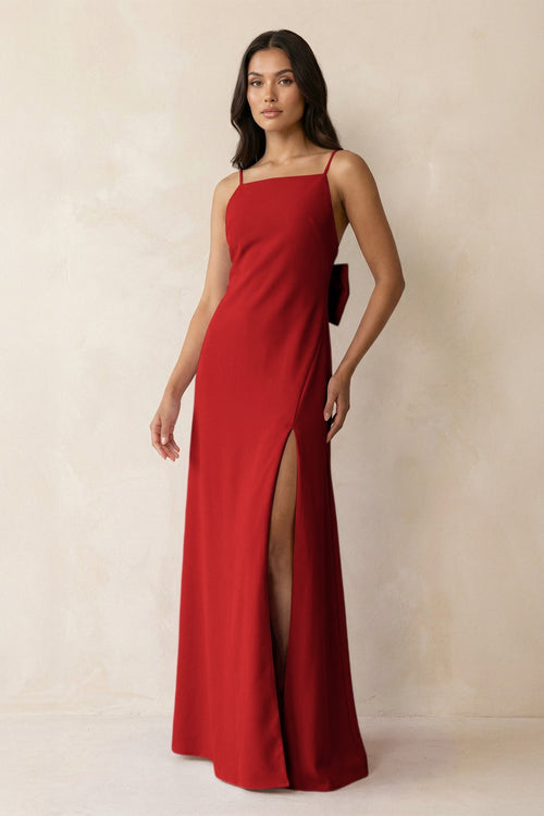 Spaghetti Strap Sheath Satin Bridesmaid Dress with Bow in Spice - KISS BRIDAL Bridesmaid Dresses