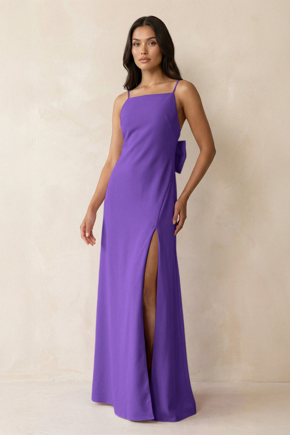 Spaghetti Strap Sheath Satin Bridesmaid Dress with Bow in Tahiti - SHE IS ME Bridesmaid Dresses