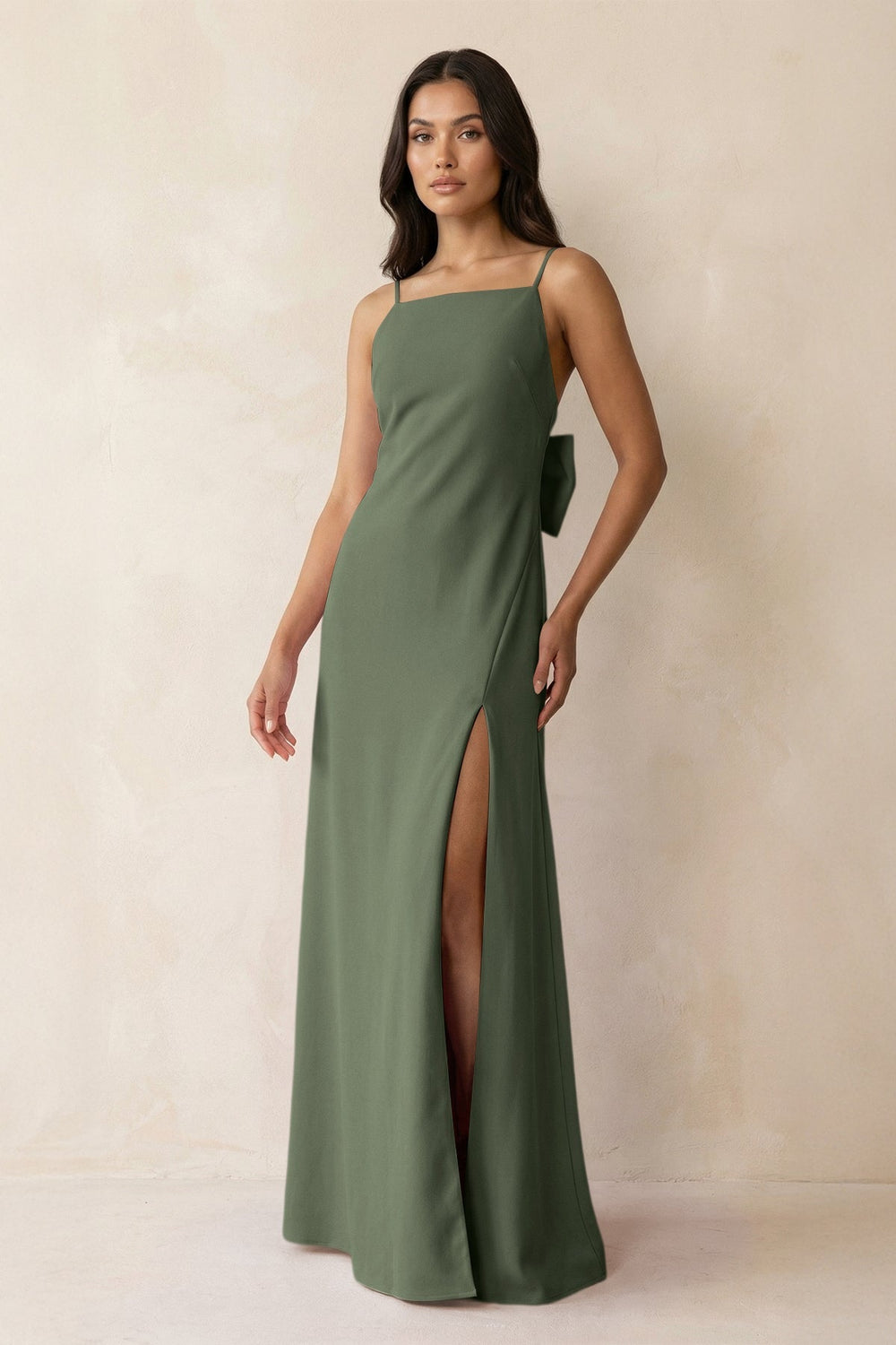 Spaghetti Strap Sheath Satin Bridesmaid Dress with Bow in Thyme - SHE IS ME Bridesmaid Dresses