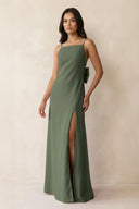 Spaghetti Strap Sheath Satin Bridesmaid Dress with Bow in Thyme - KISS BRIDAL Bridesmaid Dresses