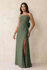 Spaghetti Strap Sheath Satin Bridesmaid Dress with Bow in Thyme - KISS BRIDAL Bridesmaid Dresses