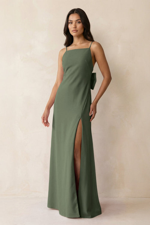 Spaghetti Strap Sheath Satin Bridesmaid Dress with Bow in Thyme - KISS BRIDAL Bridesmaid Dresses