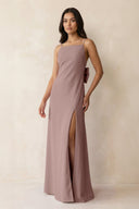 Spaghetti Strap Sheath Satin Bridesmaid Dress with Bow in Toffee - KISS BRIDAL Bridesmaid Dresses