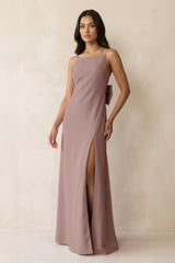 Spaghetti Strap Sheath Satin Bridesmaid Dress with Bow in Toffee - KISS BRIDAL Bridesmaid Dresses