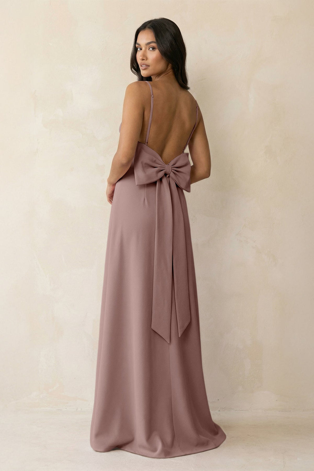 Spaghetti Strap Sheath Satin Bridesmaid Dress with Bow in Toffee - SHE IS ME Bridesmaid Dresses