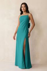 Spaghetti Strap Sheath Satin Bridesmaid Dress with Bow in Turquoise - KISS BRIDAL Bridesmaid Dresses