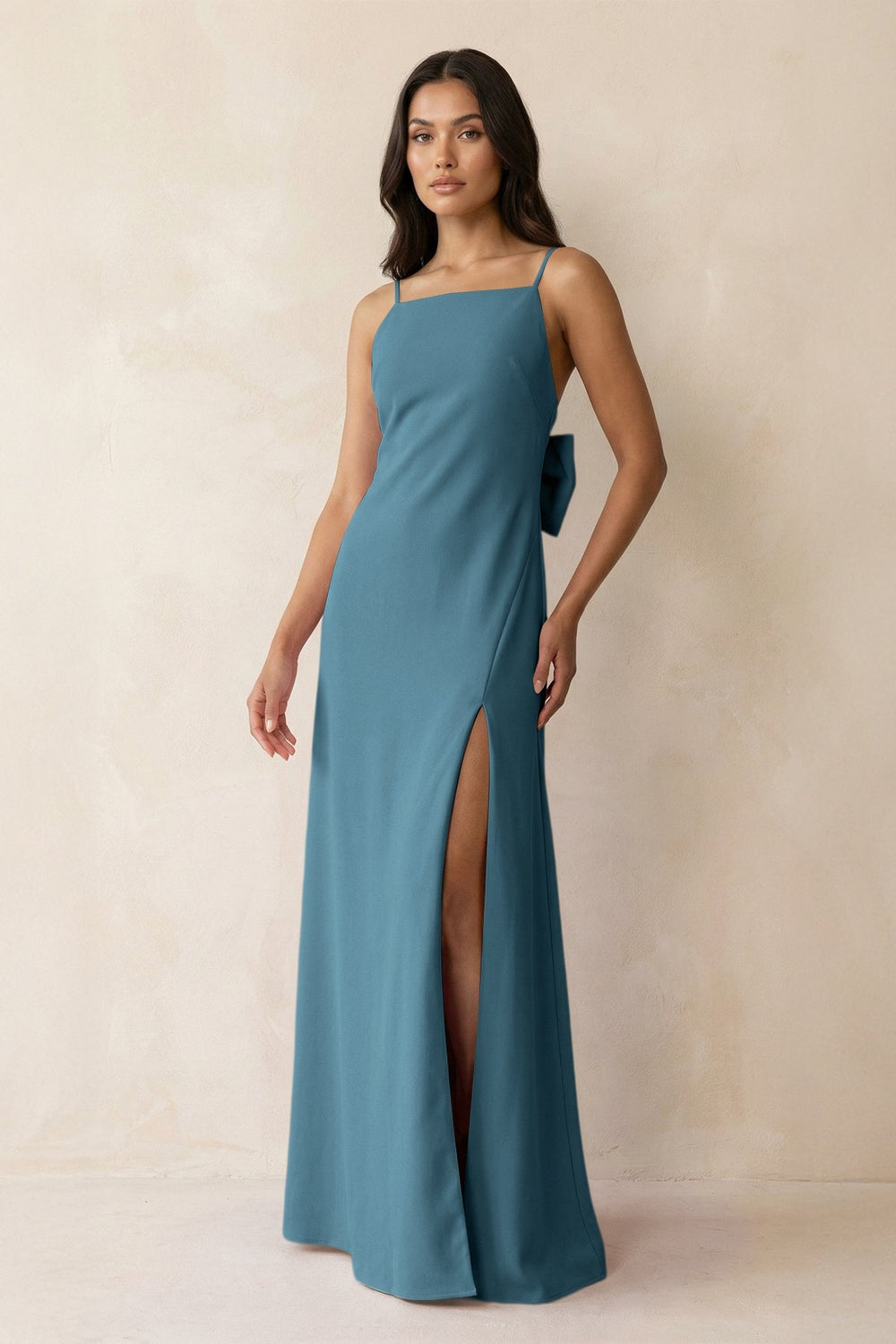Spaghetti Strap Sheath Satin Bridesmaid Dress with Bow in Twilight - SHE IS ME Bridesmaid Dresses