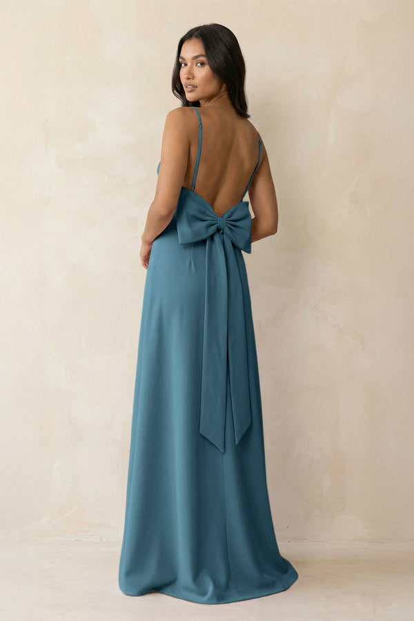 Spaghetti Strap Sheath Satin Bridesmaid Dress with Bow in Twilight - KISS BRIDAL Bridesmaid Dresses