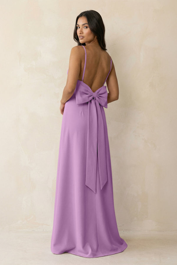 Spaghetti Strap Sheath Satin Bridesmaid Dress with Bow in Vintage Mauve - KISS BRIDAL Bridesmaid Dresses