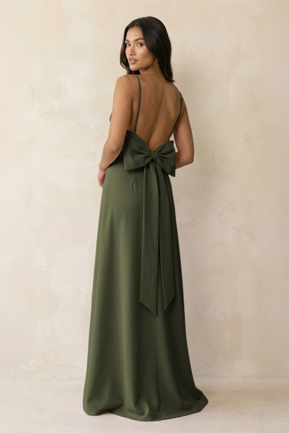 Spaghetti Strap Sheath Satin Bridesmaid Dress with Bow in Willow Green - SHE IS ME Bridesmaid Dresses