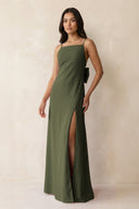 Spaghetti Strap Sheath Satin Bridesmaid Dress with Bow in Willow Green - KISS BRIDAL Bridesmaid Dresses