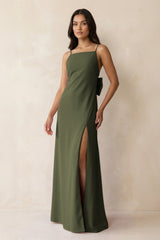 Spaghetti Strap Sheath Satin Bridesmaid Dress with Bow in Willow Green - KISS BRIDAL Bridesmaid Dresses