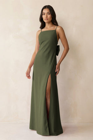 Spaghetti Strap Sheath Satin Bridesmaid Dress with Bow in Willow Green - KISS BRIDAL Bridesmaid Dresses