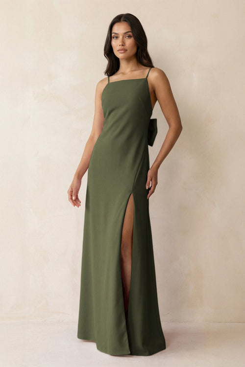 Spaghetti Strap Sheath Satin Bridesmaid Dress with Bow in Willow Green - KISS BRIDAL Bridesmaid Dresses