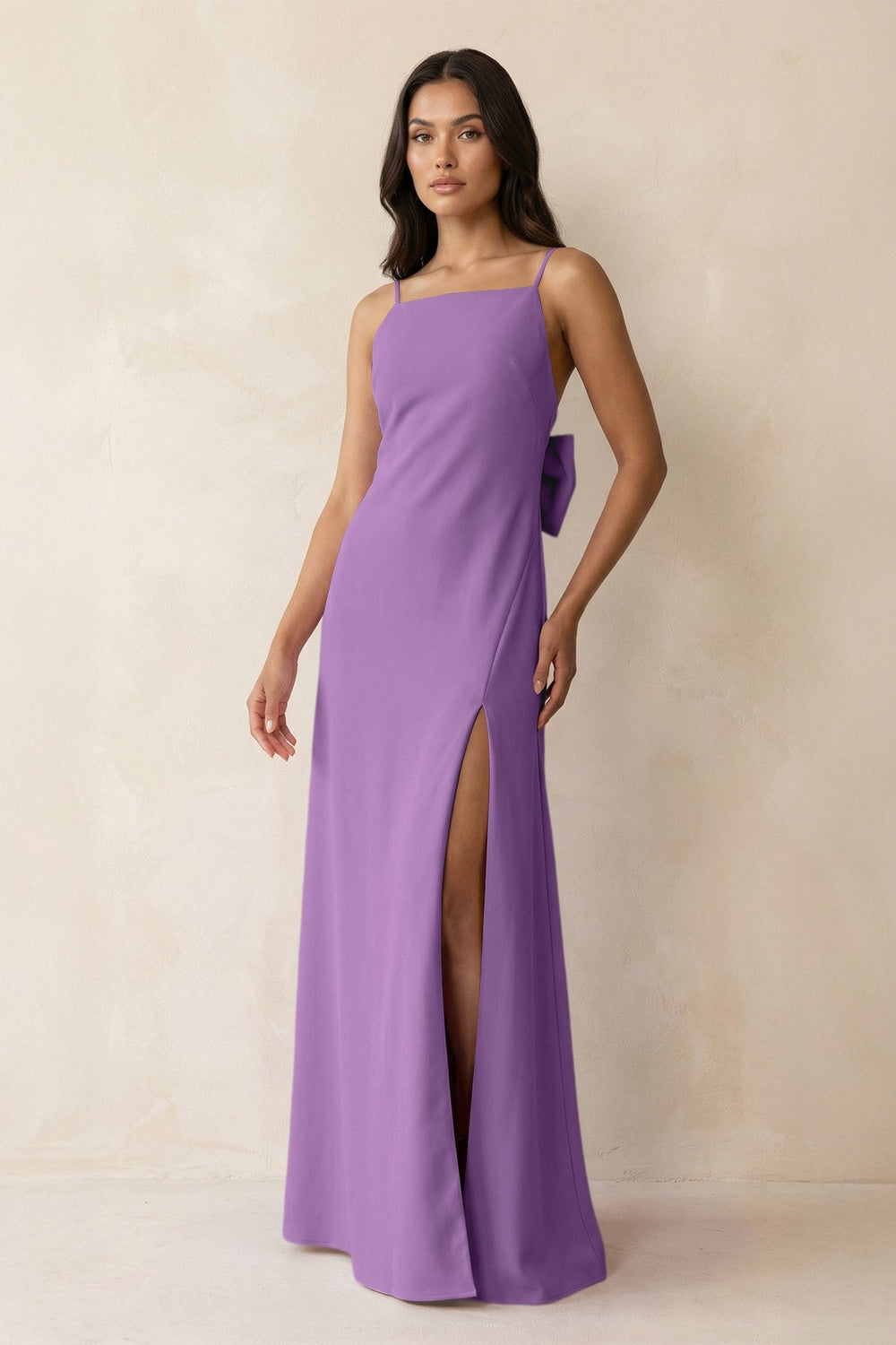 Spaghetti Strap Sheath Satin Bridesmaid Dress with Bow in Wisteria - SHE IS ME Bridesmaid Dresses