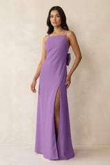Spaghetti Strap Sheath Satin Bridesmaid Dress with Bow in Wisteria - KISS BRIDAL Bridesmaid Dresses