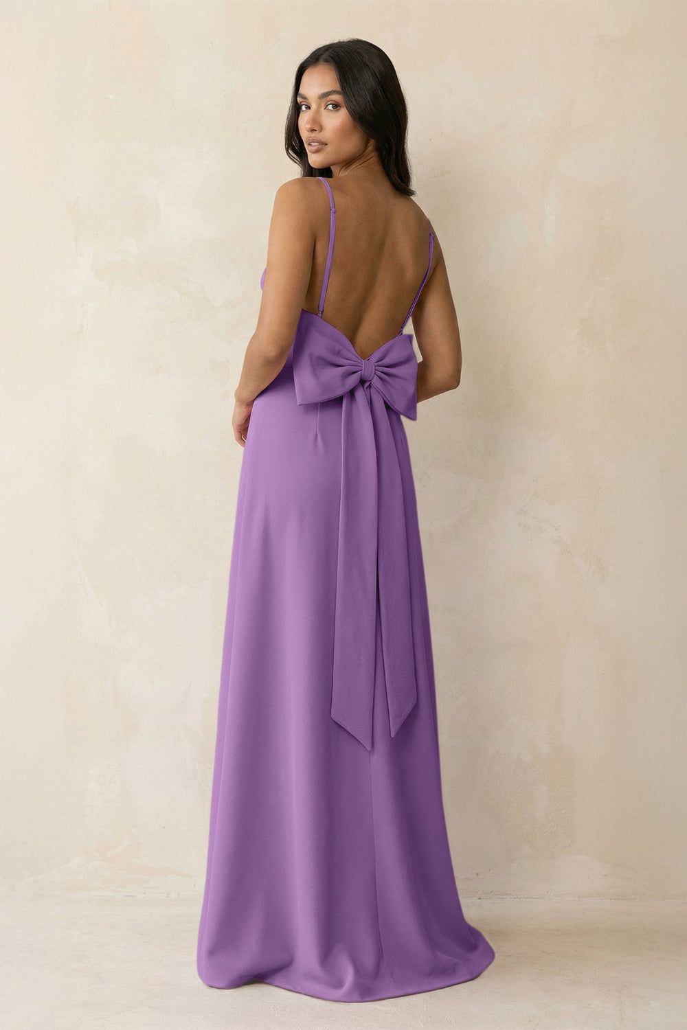 Spaghetti Strap Sheath Satin Bridesmaid Dress with Bow in Wisteria - SHE IS ME Bridesmaid Dresses