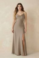 Spaghetti Strap Sheath Satin Bridesmaid Dress With Slit in Almond - KISS BRIDAL Bridesmaid Dresses