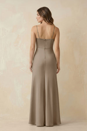 Spaghetti Strap Sheath Satin Bridesmaid Dress With Slit in Almond - KISS BRIDAL Bridesmaid Dresses