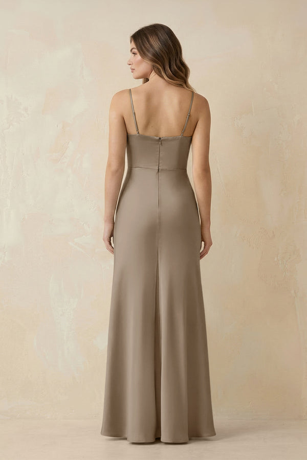 Spaghetti Strap Sheath Satin Bridesmaid Dress With Slit in Almond - KISS BRIDAL Bridesmaid Dresses