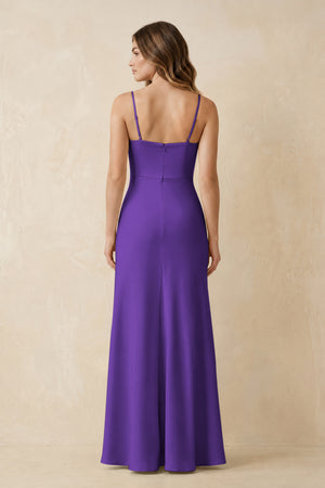 Spaghetti Strap Sheath Satin Bridesmaid Dress With Slit in Amethyst (2) | KISSBRIDAL