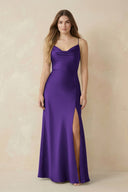 Spaghetti Strap Sheath Satin Bridesmaid Dress With Slit in Amethyst - KISS BRIDAL Bridesmaid Dresses