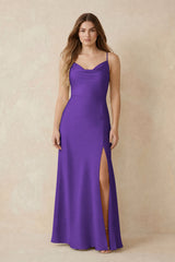 Spaghetti Strap Sheath Satin Bridesmaid Dress With Slit in Amethyst | KISSBRIDAL