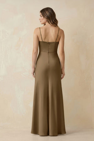Spaghetti Strap Sheath Satin Bridesmaid Dress With Slit in Apple Cinnamon - KISS BRIDAL Bridesmaid Dresses