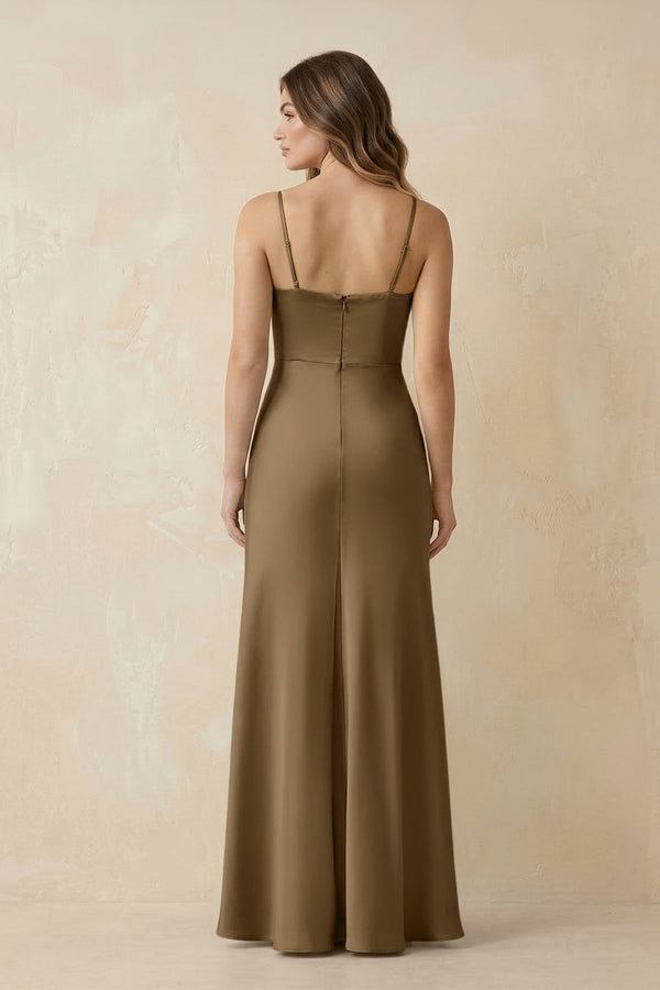 Spaghetti Strap Sheath Satin Bridesmaid Dress With Slit in Apple Cinnamon - KISS BRIDAL Bridesmaid Dresses