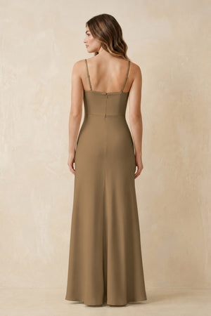 Spaghetti Strap Sheath Satin Bridesmaid Dress With Slit in Apple Cinnamon (2) | KISSBRIDAL