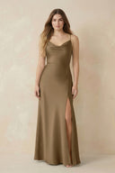 Spaghetti Strap Sheath Satin Bridesmaid Dress With Slit in Apple Cinnamon - KISS BRIDAL Bridesmaid Dresses