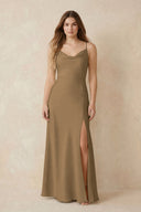 Spaghetti Strap Sheath Satin Bridesmaid Dress With Slit in Apple Cinnamon | KISSBRIDAL