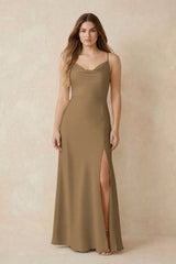 Spaghetti Strap Sheath Satin Bridesmaid Dress With Slit in Apple Cinnamon | KISSBRIDAL