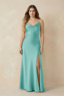 Spaghetti Strap Sheath Satin Bridesmaid Dress With Slit in Aqua - KISS BRIDAL Bridesmaid Dresses