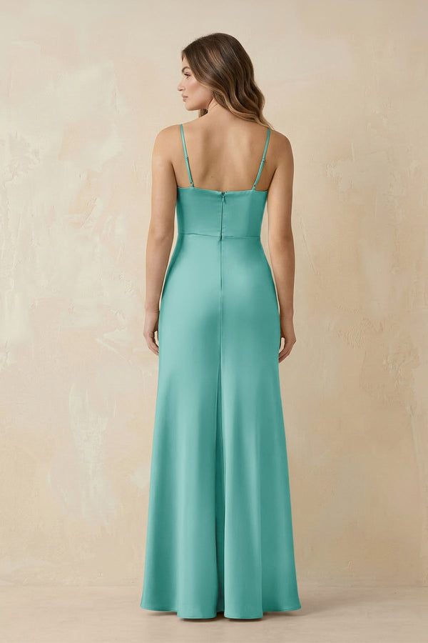 Spaghetti Strap Sheath Satin Bridesmaid Dress With Slit in Aqua - KISS BRIDAL Bridesmaid Dresses