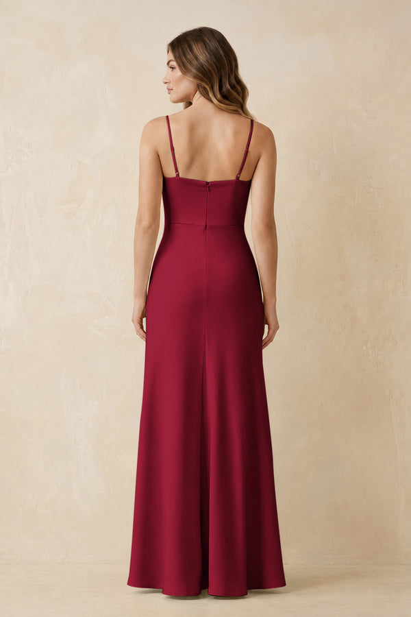 Spaghetti Strap Sheath Satin Bridesmaid Dress With Slit in Berry (2) | KISSBRIDAL