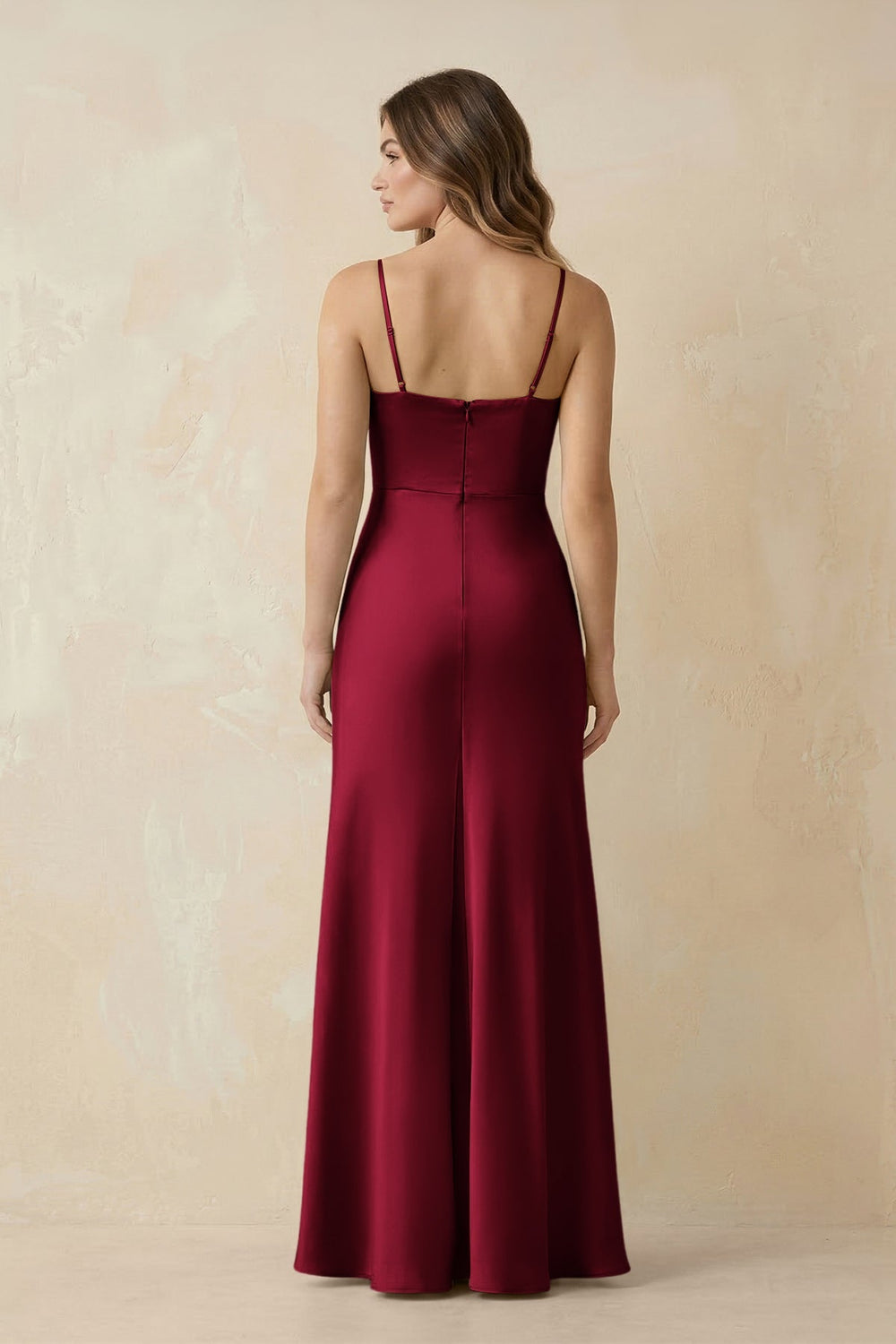Spaghetti Strap Sheath Satin Bridesmaid Dress With Slit in Berry - KISS BRIDAL Bridesmaid Dresses