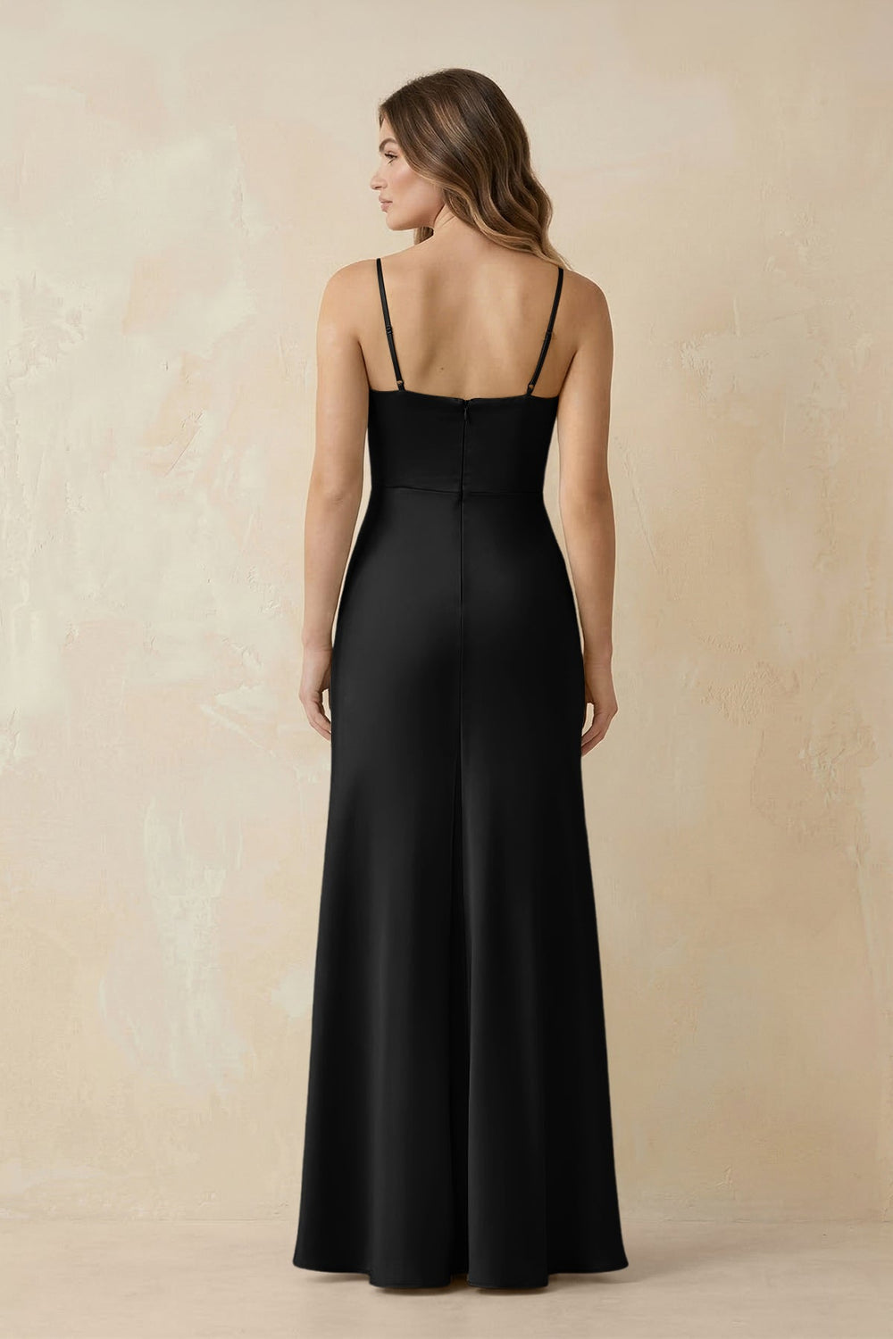 Spaghetti Strap Sheath Satin Bridesmaid Dress With Slit in Black - KISS BRIDAL Bridesmaid Dresses