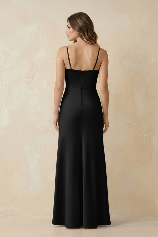 Spaghetti Strap Sheath Satin Bridesmaid Dress With Slit in Black - KISS BRIDAL Bridesmaid Dresses