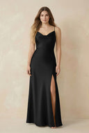 Spaghetti Strap Sheath Satin Bridesmaid Dress With Slit in Black - KISS BRIDAL Bridesmaid Dresses
