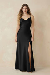 Spaghetti Strap Sheath Satin Bridesmaid Dress With Slit in Black - KISS BRIDAL Bridesmaid Dresses