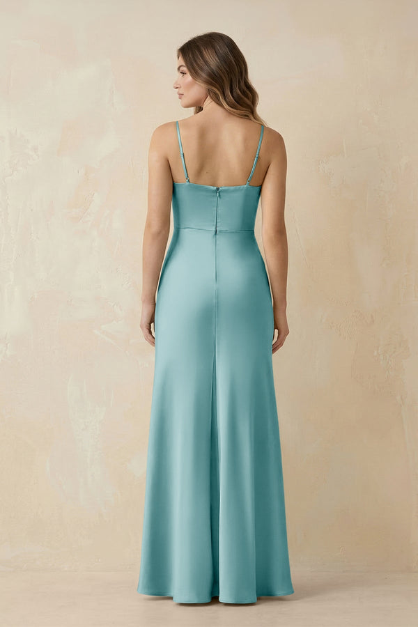 Spaghetti Strap Sheath Satin Bridesmaid Dress With Slit in Bleached Aqua - KISS BRIDAL Bridesmaid Dresses