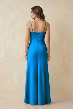 Spaghetti Strap Sheath Satin Bridesmaid Dress With Slit in Blue Jay - KISS BRIDAL Bridesmaid Dresses