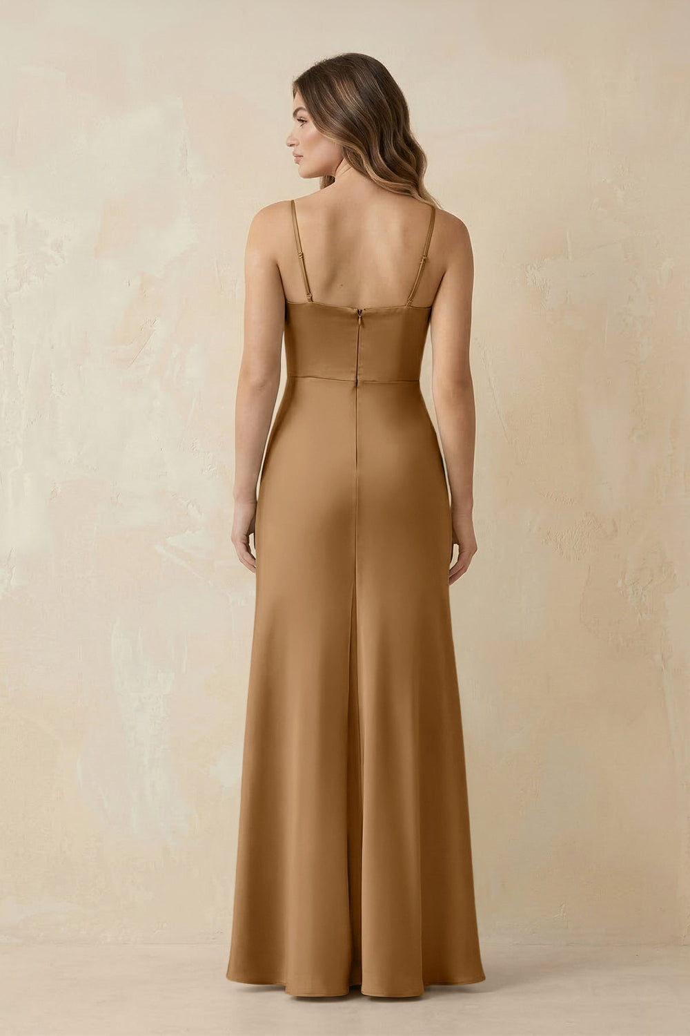 Spaghetti Strap Sheath Satin Bridesmaid Dress With Slit in Bronzer - KISS BRIDAL Bridesmaid Dresses