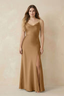 Spaghetti Strap Sheath Satin Bridesmaid Dress With Slit in Bronzer - KISS BRIDAL Bridesmaid Dresses