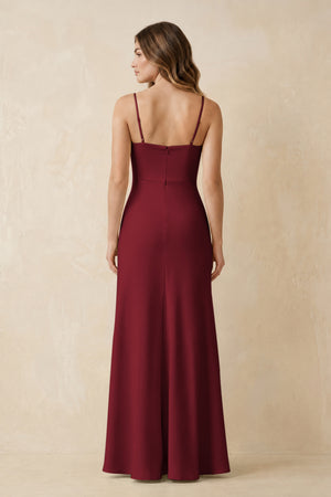 Spaghetti Strap Sheath Satin Bridesmaid Dress With Slit in Burgundy (2) | KISSBRIDAL